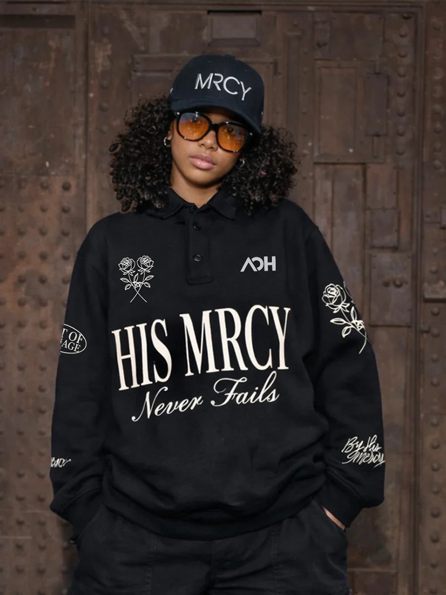 His MRCY Never Fails Collared Pullover-Black - Image 3